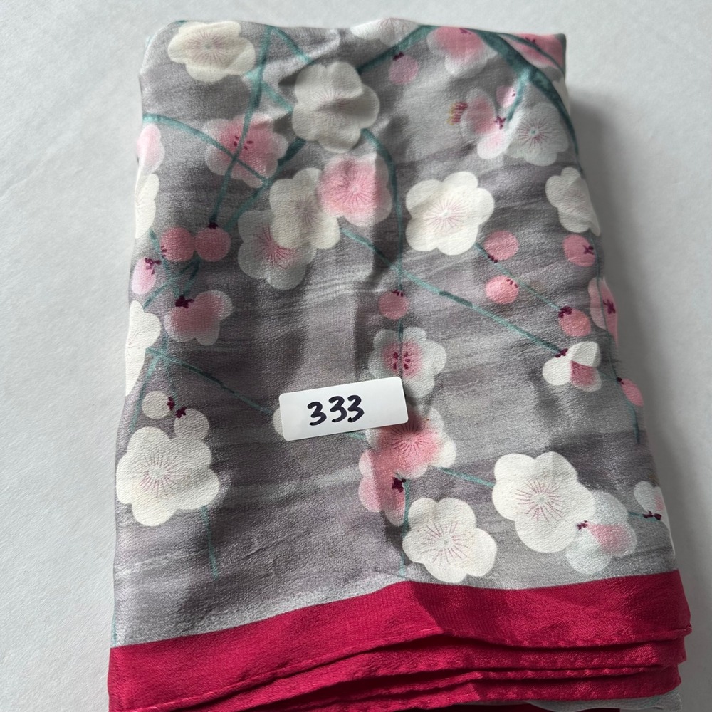 DV Signature Cherry Blossom Silk Square Scarf Gray Pink Floral 34.5in - Picture 5 of 5